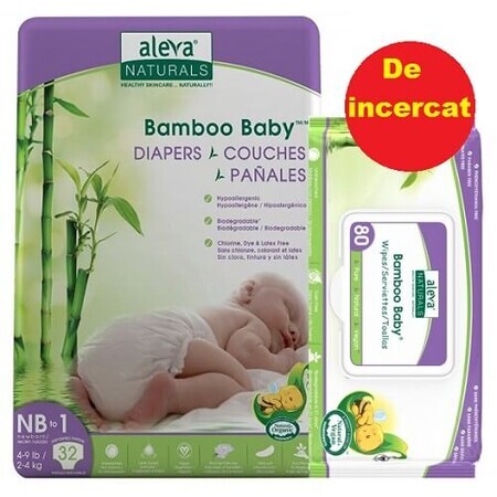 Oferta Pachet Scutec Bamboo Baby nr.1, 2-4Kg, 32 buc, Aleva Naturals