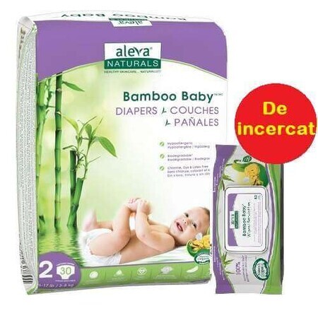 Oferta Pachet Scutec Bamboo Baby nr.2 și șervetele, 3-8Kg, 30 buc, Aleva Naturals