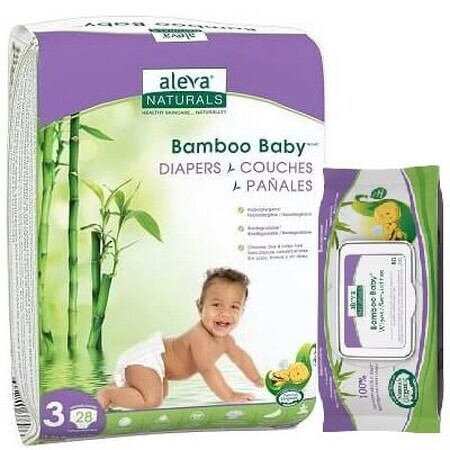 Oferta Pachet Scutec Bamboo Baby nr.3 și șervetele, 6-11Kg, 28 buc, Aleva Naturals