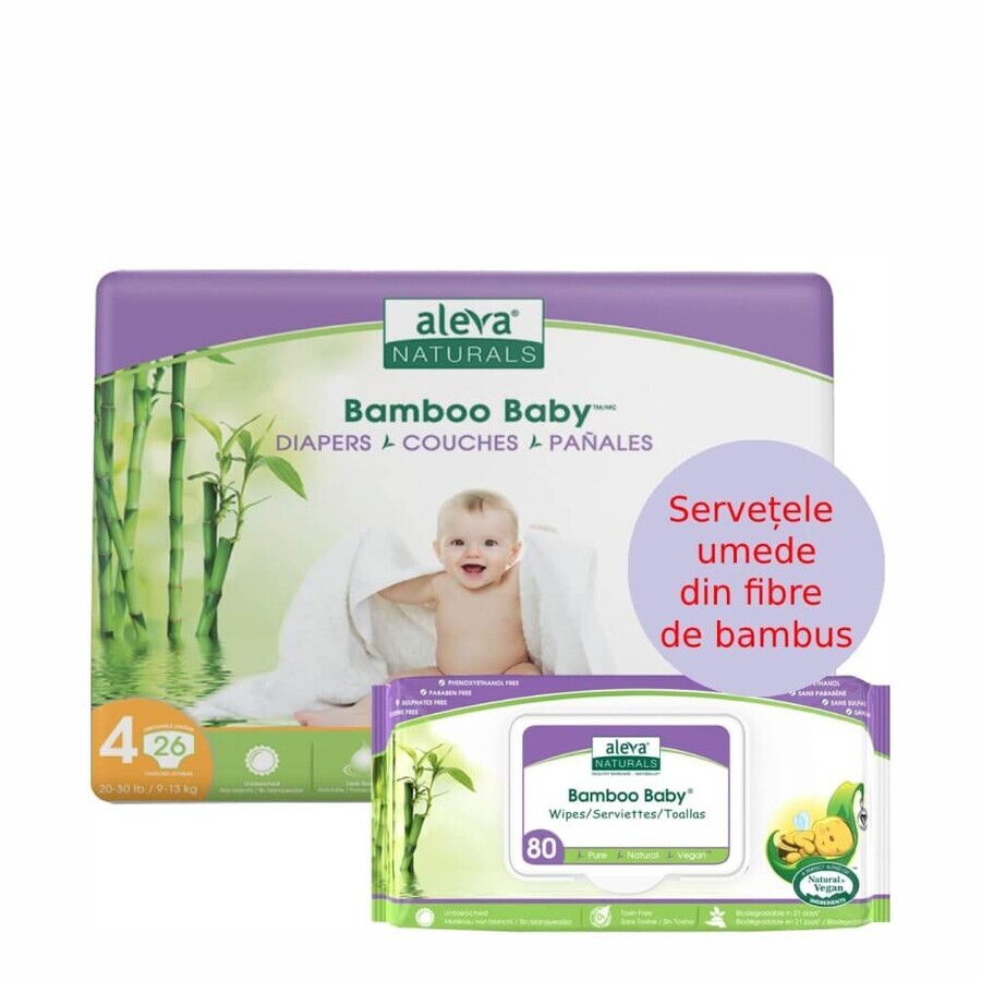 Oferta pachet Scutece Vegane din fibre de bambus nr 4, 9-13 kg, 26 buc + Servetele 80 buc, Aleva Naturals