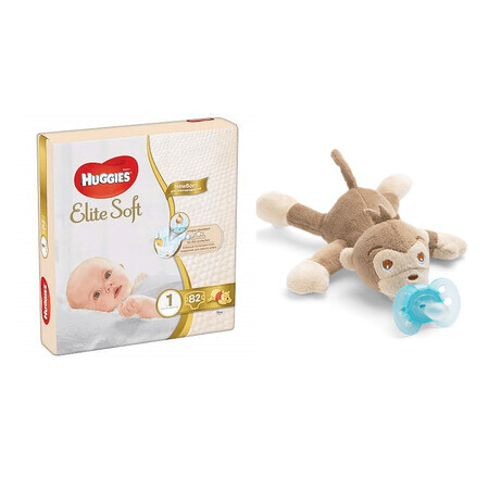 Ofertă Pachet, Welcome To The World, Scutece Elite Soft nr. 1 Mega, 3-5 kg, 82 buc, Huggies și Jucărie de pluş Maimuță cu Suzetă Ultra Soft, SCF348/12, 0-6 luni, Philips Avent