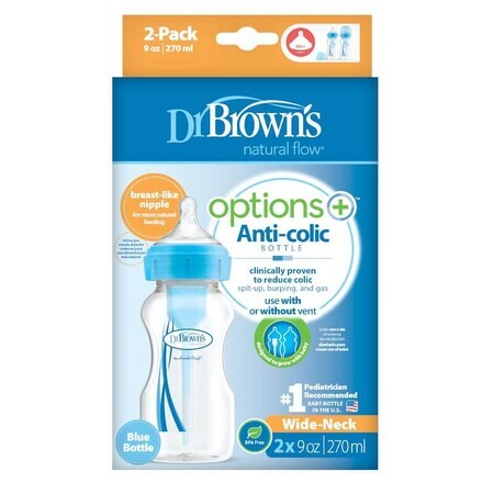 Options+ blaue Weithalsflasche, 270 ml, 2 Stück, Dr Browns