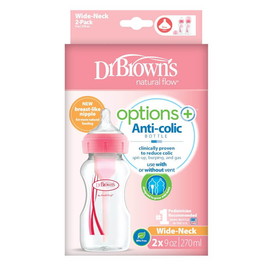 Dr Browns 2er-Pack Options+ Pink Weithalsflaschen, 270 ml, 2 Stück