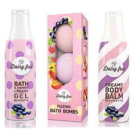 Pachet Dairy Fun Loțiune de corp 400 ml, Gel de duș 400 ml și Set 3 bombe aromă de afine, Delia Cosmetics