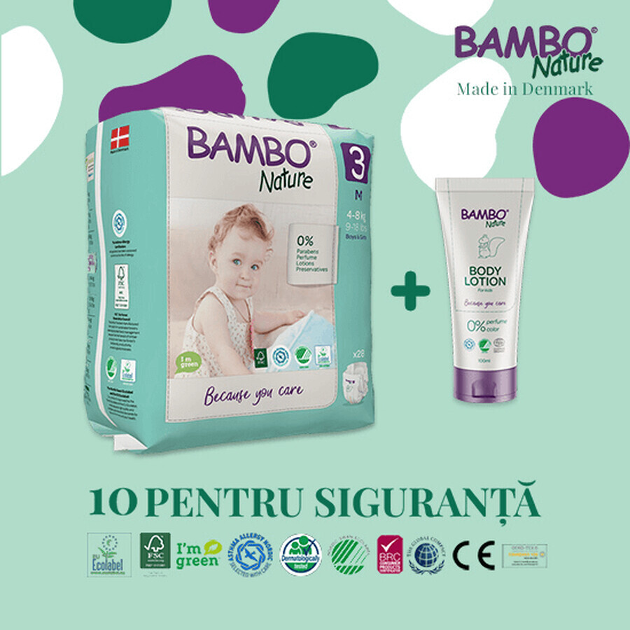 Pachet Eco Friendly Scutece Nr. 3, 4-8 kg, 28 bucati + Lotiune de corp pentru copii, 100 ml, Bambo Nature