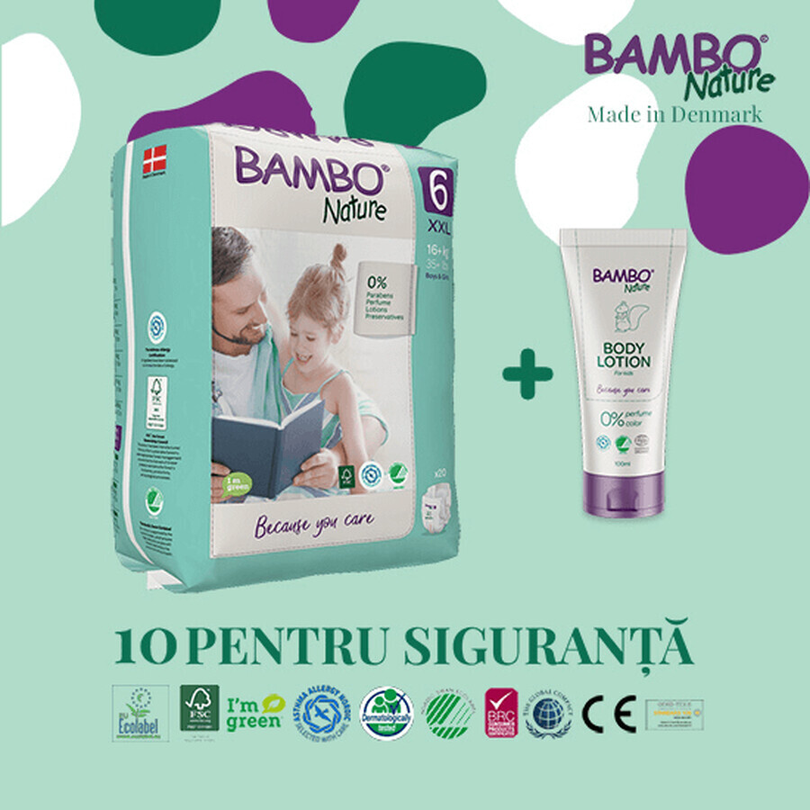 Pachet Eco Friendly Scutece Nr. 6, +16 kg, 20 bucati + Lotiune de corp pentru copii, 100 ml, Bambo Nature