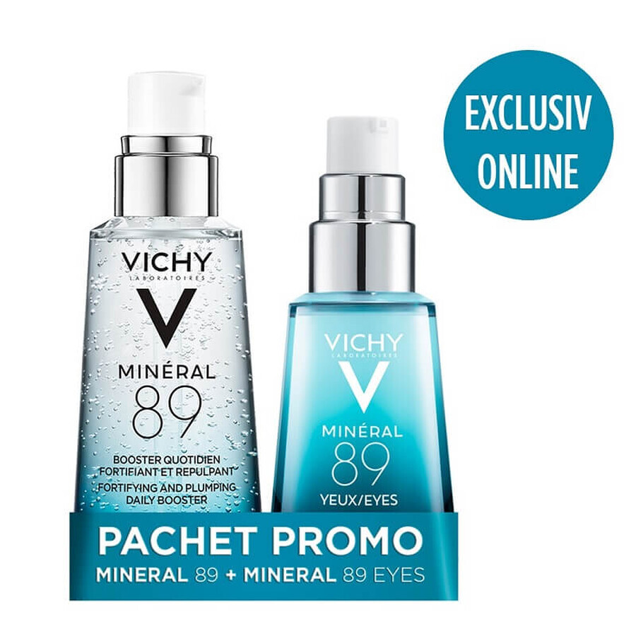 Pachet Mineral 89 gel booster zilnic cu efect de fortifiere și reumplere cu acid hialuronic 50 ml + Mineral 89 eyes gel contur ochi cu efect reparator și fortifiere 15 ml, Vichy