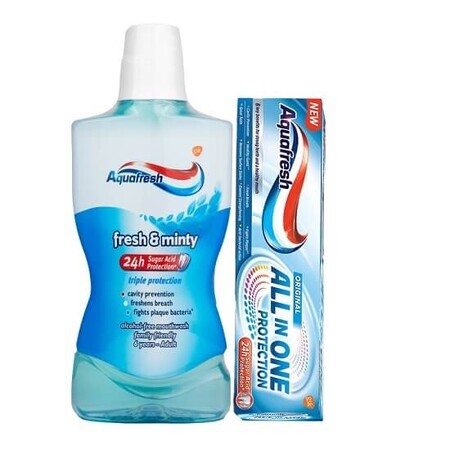 Pachet Pasta de dinti All in One Whitening 75 ml si Apa de Gura Fresh & Minty 500 ml, Aquafresh