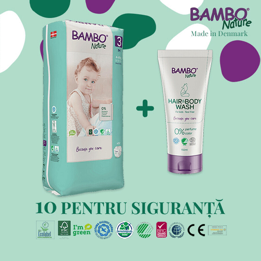 Pachet Scutece Nr. 3, 4-8 kg, 52 bucati + Sampon si gel de dus pentru copii, 150 ml, Bambo Nature