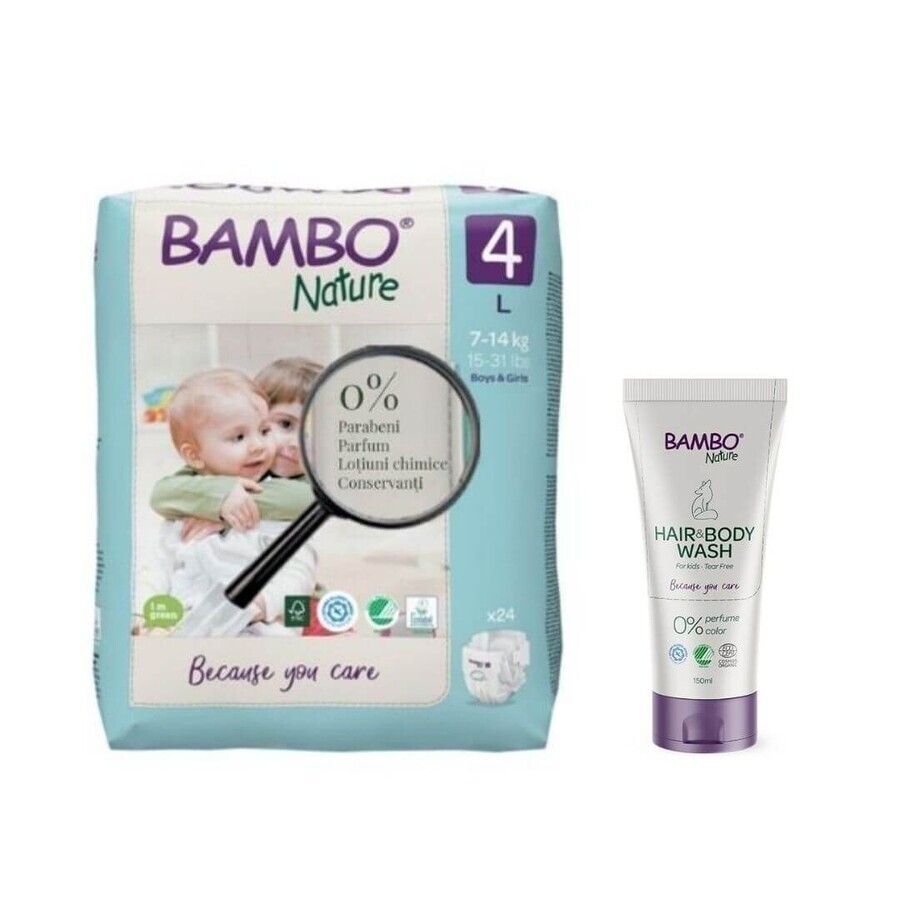 Pachet Scutece Nr. 4, 24 bucati + Sampon si gel de dus pentru copii, 150 ml, Bambo Nature