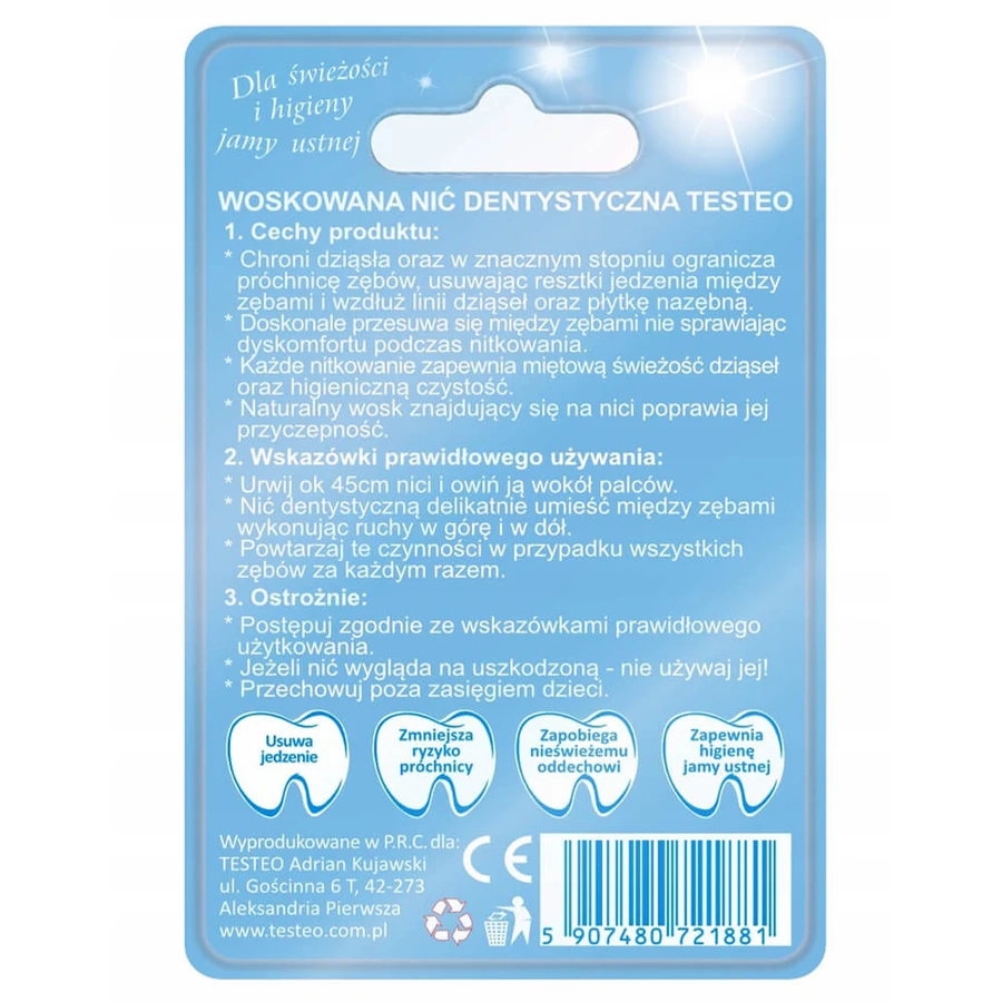 Testeo, filo interdentale cerato, mentolo, 50 m