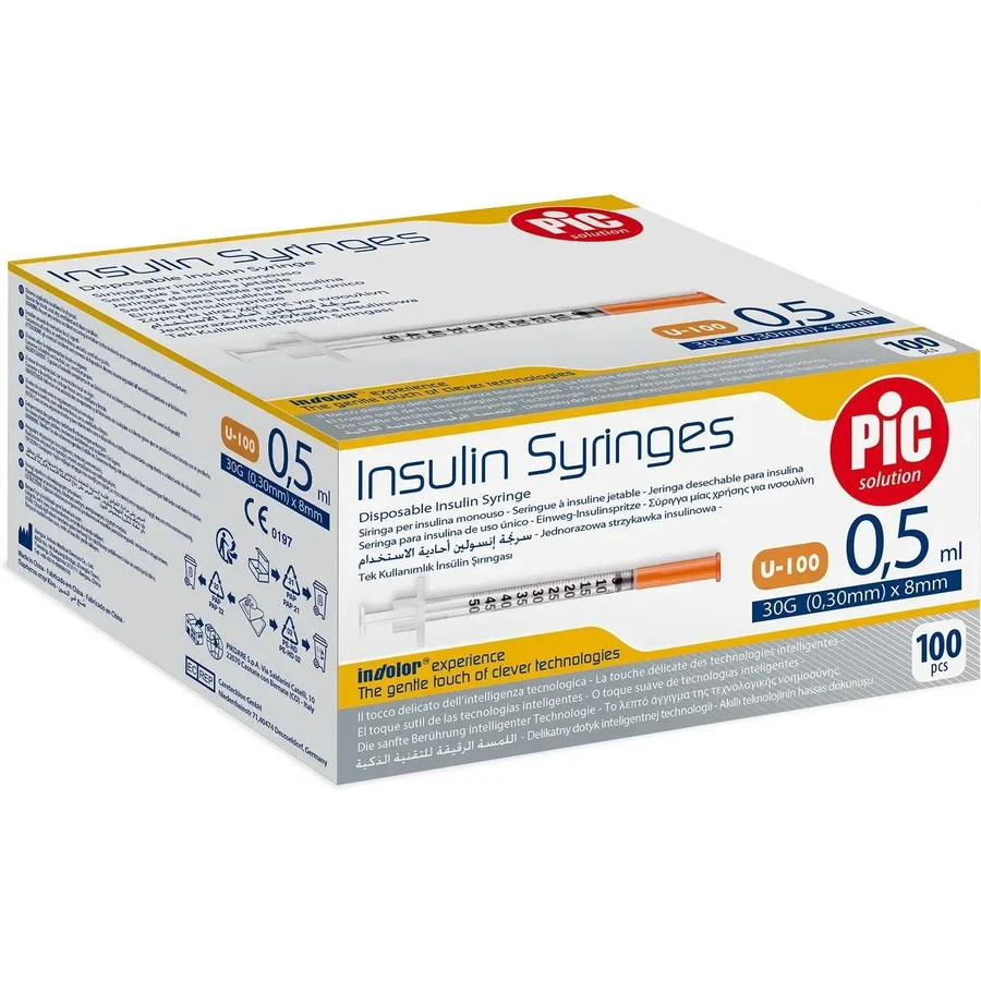 Jeringas de insulina Pic Solution 0,5 ml con aguja 31G (0,25 mm) x 8 mm, 100 unidades