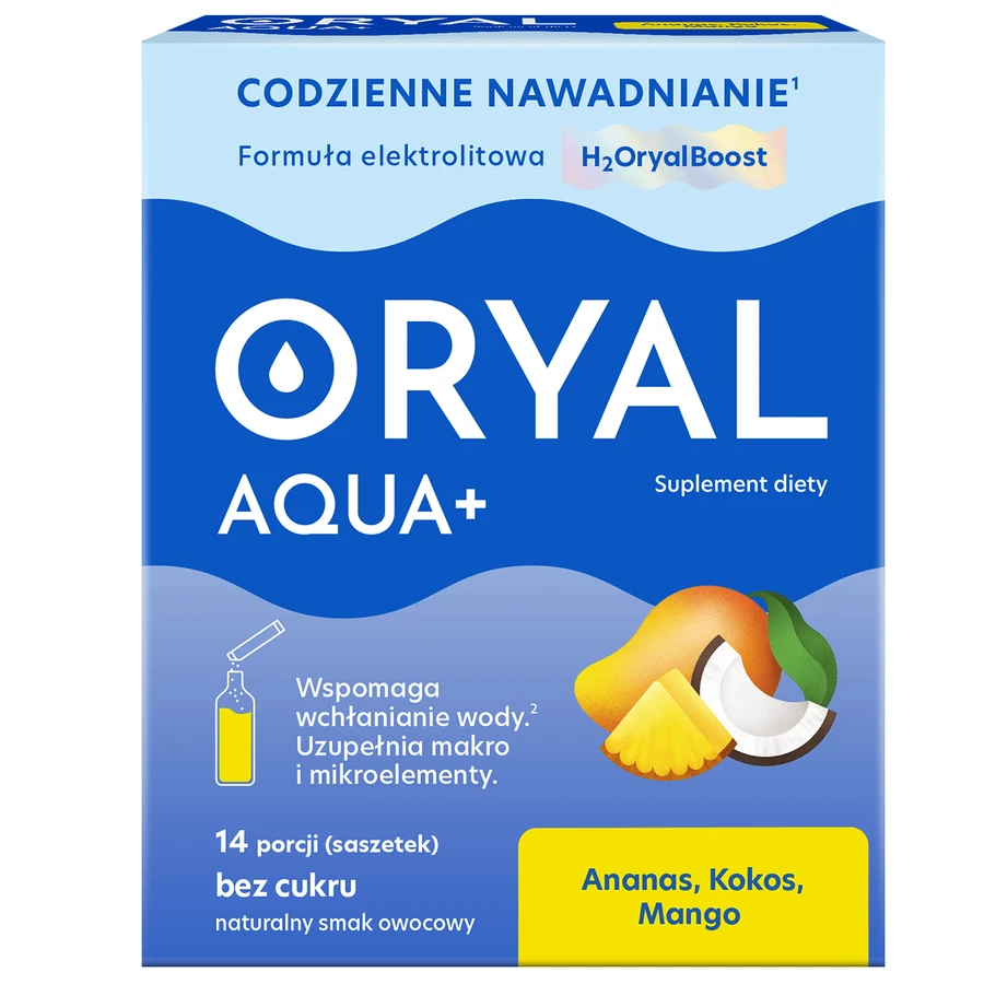 Oryal Aqua+ Piña, Coco, Mango, sin azúcar, 14 sobres