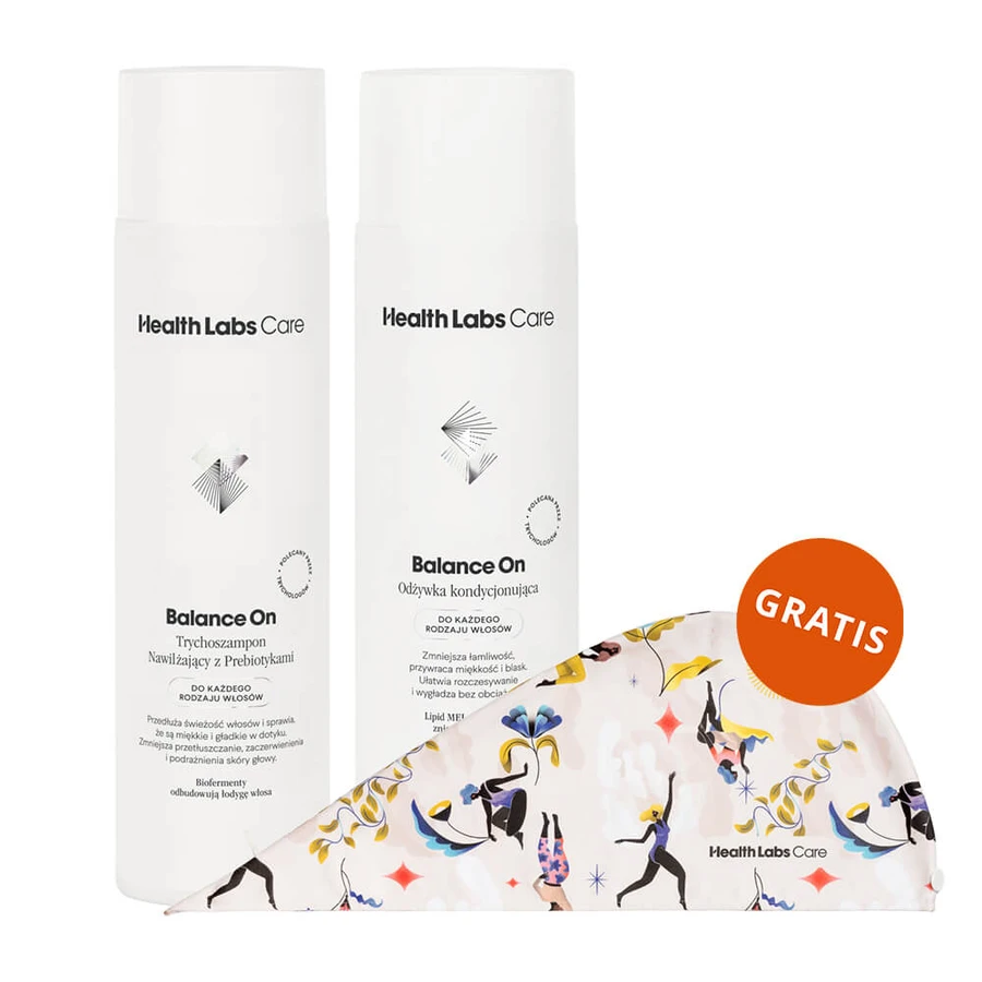 Kit Health Labs Balance On, tricocampoo idratante prebiotico, 250 ml + balsamo condizionante per lo stelo del capello, 200 ml + turbante per capelli in omaggio