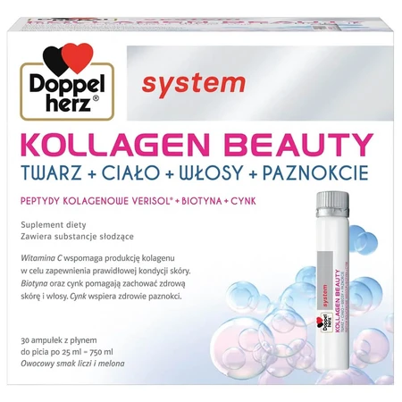 Doppelherz System Kollagen Beauty, lychee and melon flavor, 25 ml x 30 ampoules + Magnesium-B6 Forte 400, 30 tablets free of charge