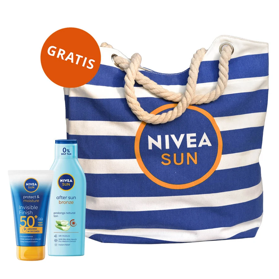 Nivea Sun Invisible Finish Set, feuchtigkeitsspendende Sonnenlotion, SPF 50+, 150 ml + After-Sun-Verlängerungslotion, 200 ml + kostenlose Strandtasche