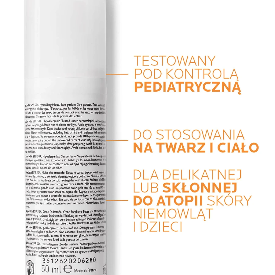 La Roche-Posay Anthelios Dermo-Pediatrics, lapte protector pentru față și corp de la 6 luni, SPF 50+, 50 ml + geantă de plajă gratuită