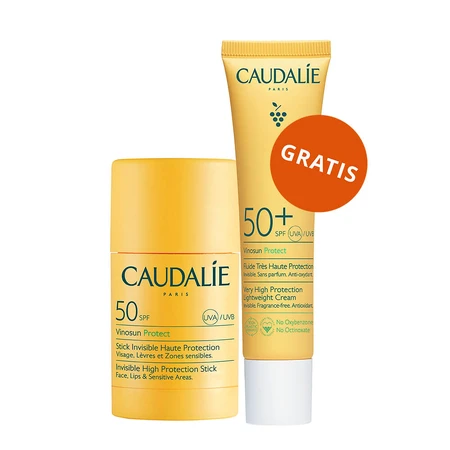 Caudalie Vinosun Protect, onzichtbare stick met hoge bescherming, SPF 50, 15 g + onzichtbare, lichte crème met zeer hoge bescherming, SPF 50+, 20 ml gratis