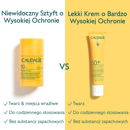 Caudalie Vinosun Protect, onzichtbare stick met hoge bescherming, SPF 50, 15 g + onzichtbare, lichte crème met zeer hoge bescherming, SPF 50+, 20 ml gratis
