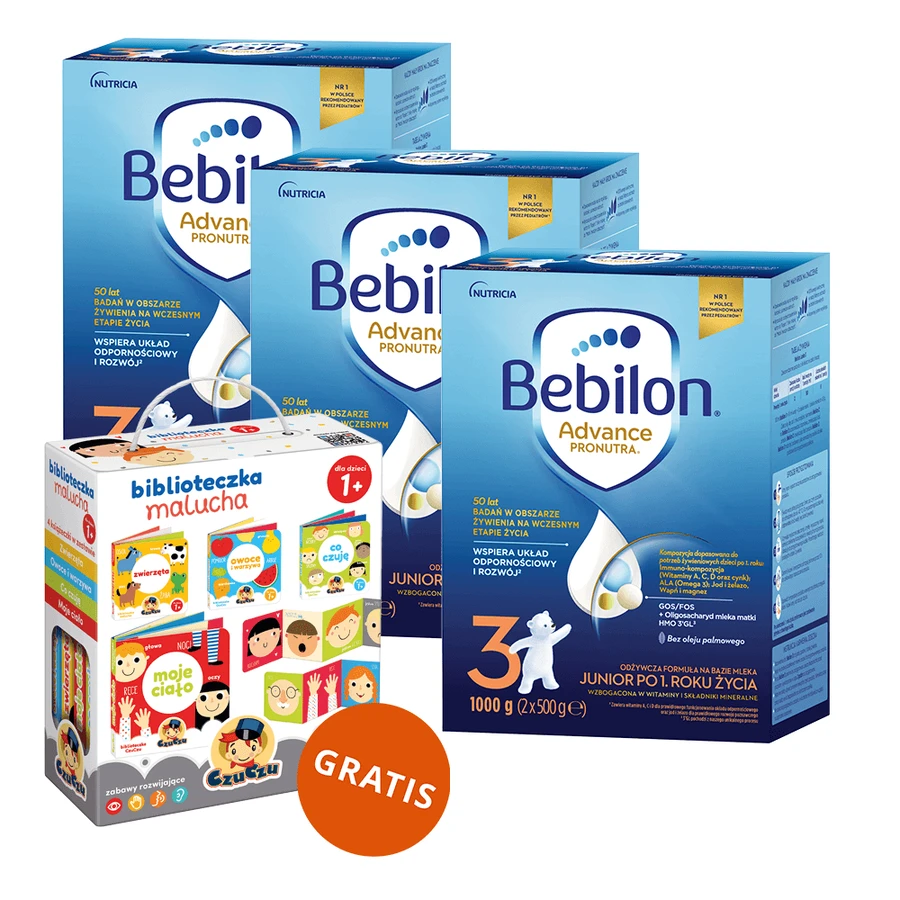 Set Bebilon Advance Pronutra 3 Junior, nährende Milchnahrung, nach 1 Jahr, 3 x 1000 g + CzuCzu Bibliothek des Kleinkindes, 4 Bücher für Kinder, ab 12 Monaten kostenlos