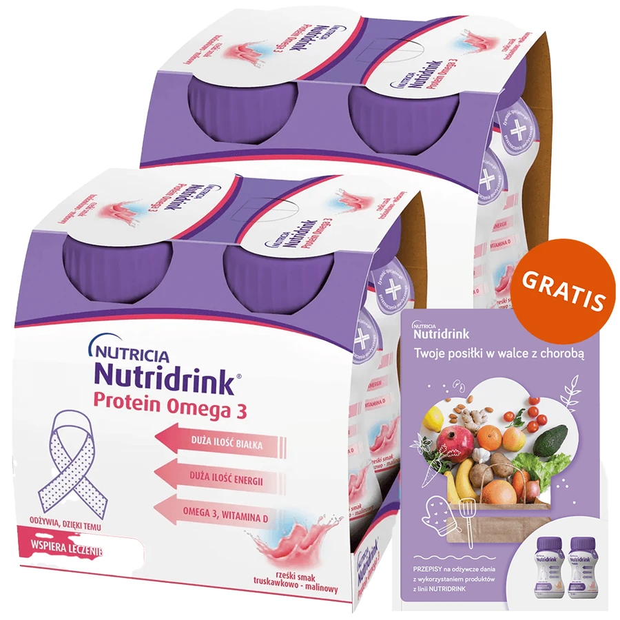 Set Nutridrink Protein Omega 3, Nährstoffpräparat, knackiger Erdbeer-Himbeergeschmack, 8 x 125 ml + Rezeptheft gratis