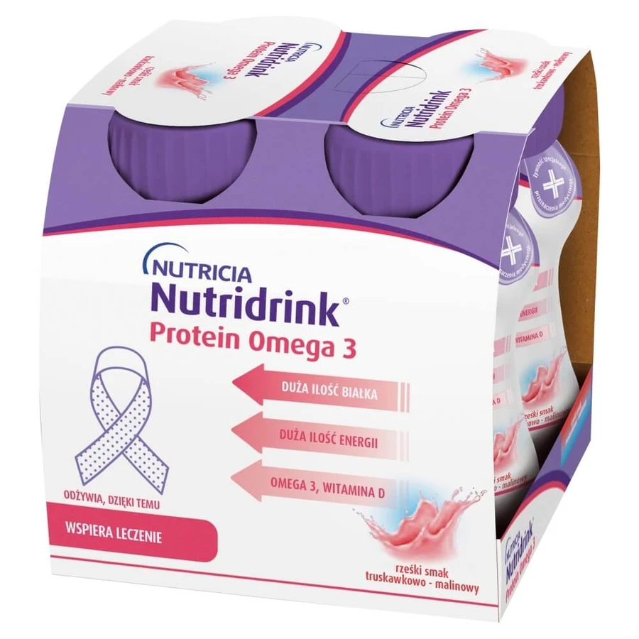 Set Nutridrink Protein Omega 3, Nährstoffpräparat, knackiger Erdbeer-Himbeergeschmack, 8 x 125 ml + Rezeptheft gratis