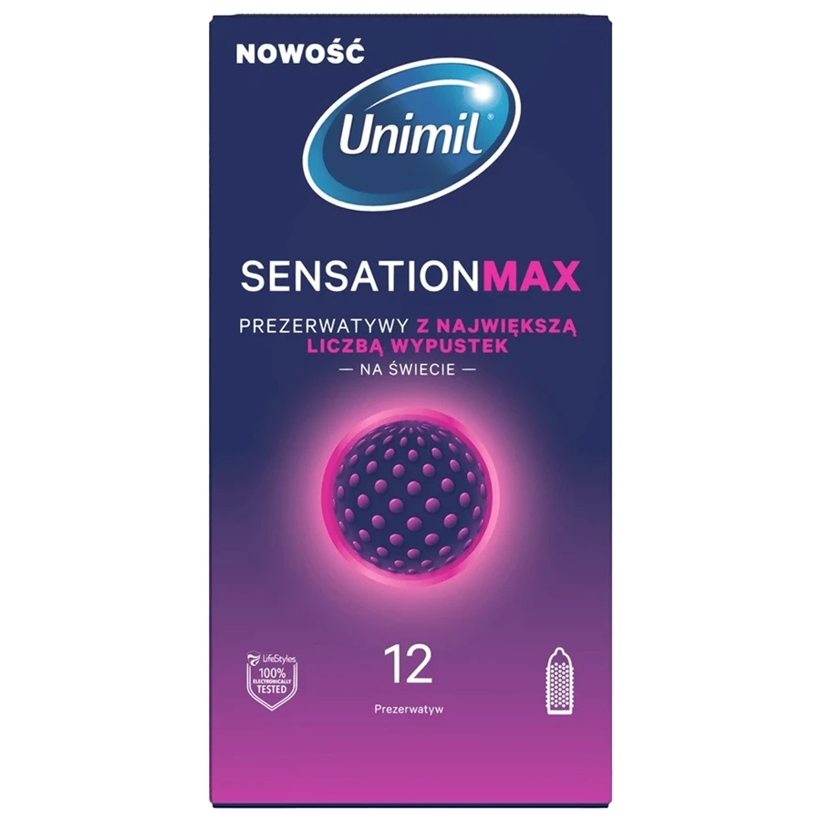 Unimil Sensation Max, latex condoms with tabs, 12 pieces