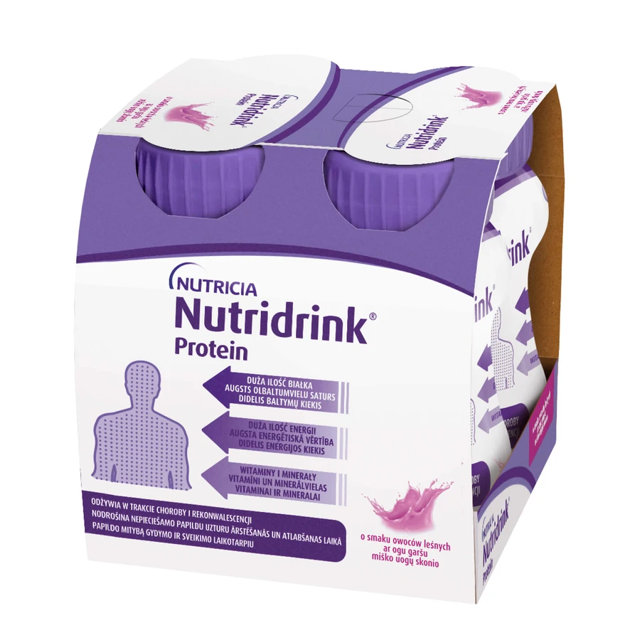 Nutridrink Protein kit, préparation nutritionnelle, pêche-mangue, 4 x 125 ml + arôme fraise, 4 x 125 ml + arôme fruits des bois, 4 x 125 ml + arôme fruits rouges, 4 x 125 ml