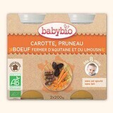 Bio-Rindfleischpüree vom Bauernhof, Karotten und Pflaumen, +8Monate, 2X200g, BabyBio