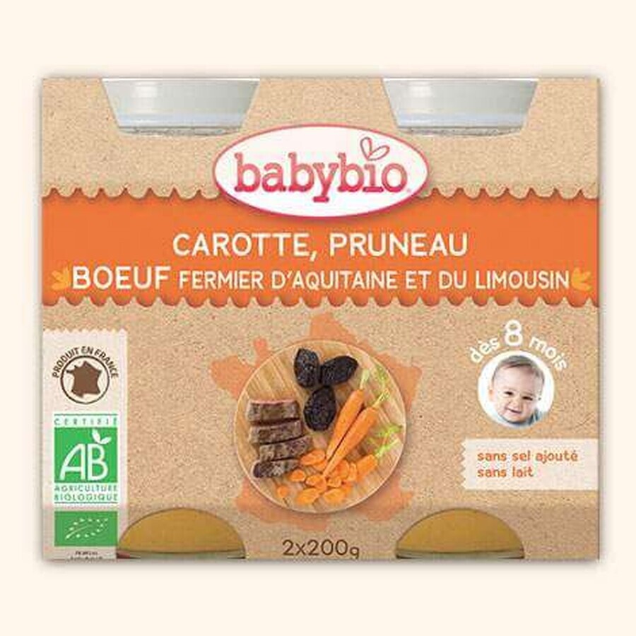 Bio-Rindfleischpüree vom Bauernhof, Karotten und Pflaumen, +8Monate, 2X200g, BabyBio