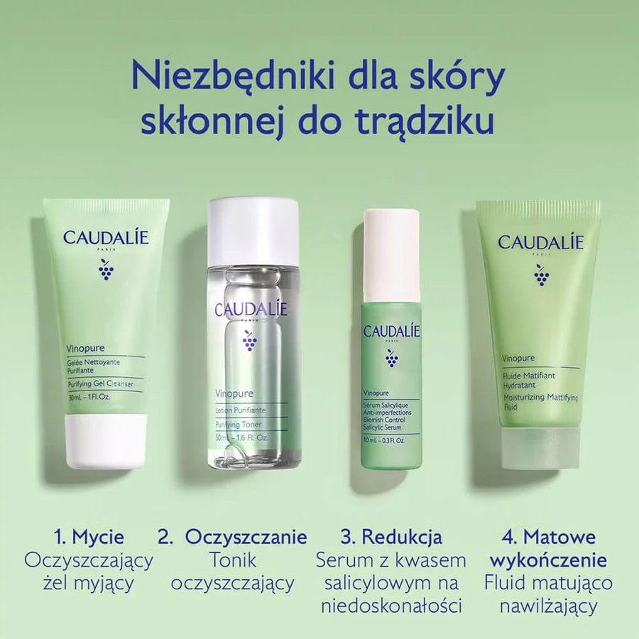 Caudalie Vinopure Starter Kit, gezichtsreinigingsgel, 30 ml + toner, 50 ml + serum voor onvolkomenheden, 10 ml + matterende en hydraterende fluid, 15 ml