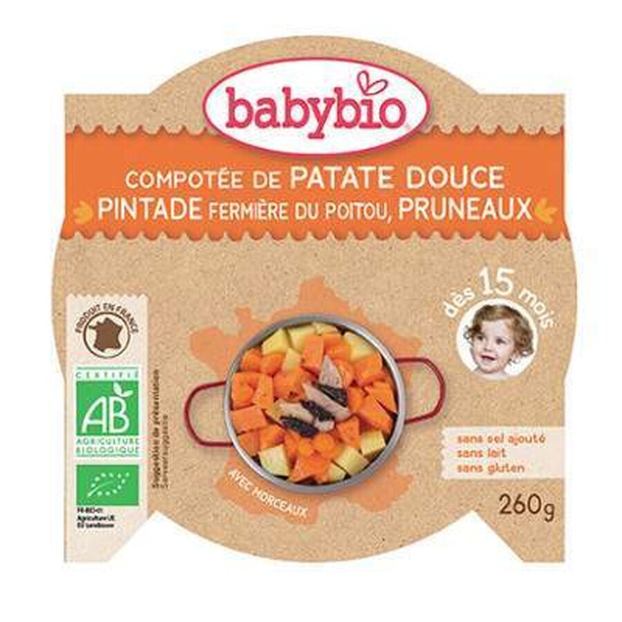 Piure Bio Meniu din cartofi dulci, prune uscate si carne de bibilica, +15luni, 260 g, BabyBio