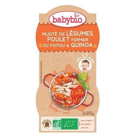 Piure Bio Meniu din legume, quinoa si carne de pui, +12luni, 2X200g, BabyBio