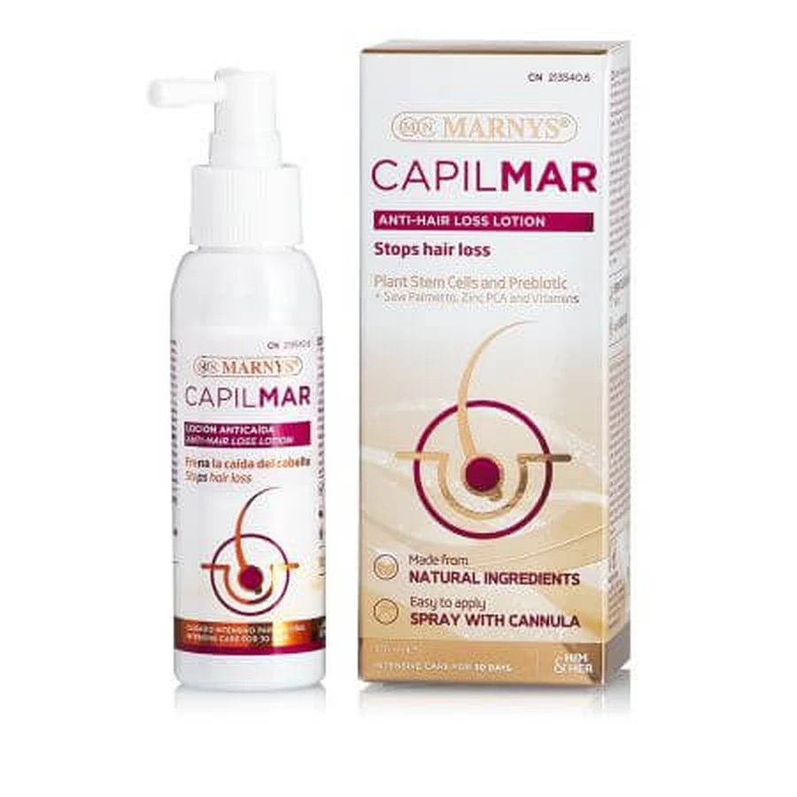 Lotion en spray contre la chute des cheveux avec des cellules souches végétales, des prébiotiques, du zinc et des vitamines, Capilmar, 100 ml, Marnys
