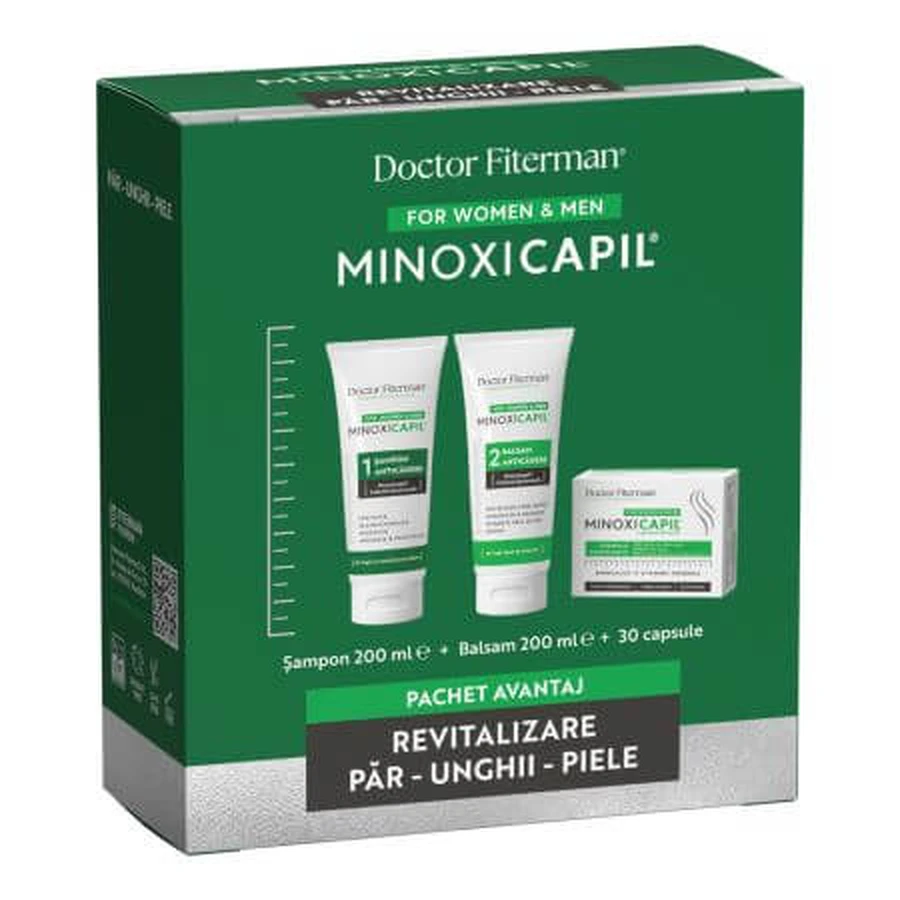 Minoxicapil Forfait Revitalisant Cheveux, Peau et Ongles, 2x200 ml + 30 gélules, Doctor Fiterman