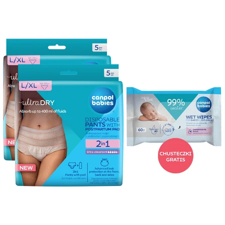 Zestaw Canpol Babies, oddychające majtki poporodowe 2w1, z podkładem, jednorazowe, rozmiar L/XL, 2 x 5 sztuk + chusteczki nawilżane, 60 sztuk gratis: ceny i cechy