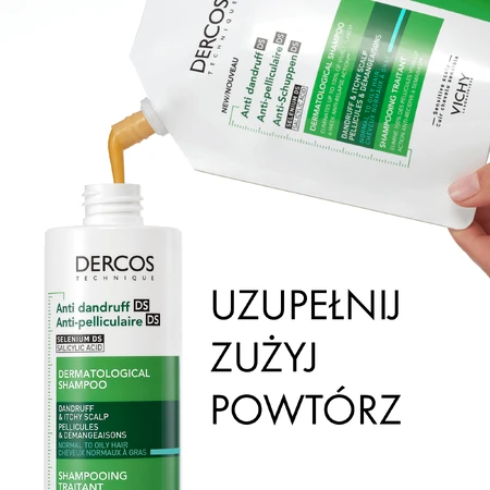 Vichy Dercos Anticaspa DS, champú anticaspa, cabello normal y graso, recambio, 390 ml