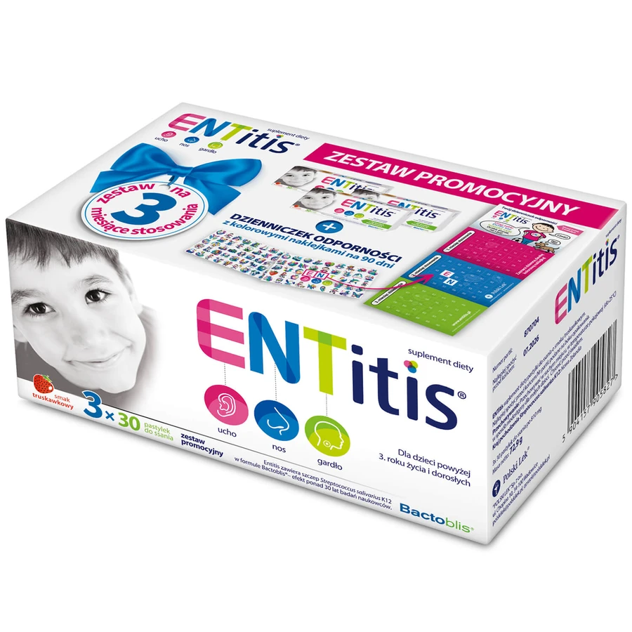 ENTitis set voor kinderen vanaf 3 jaar, aardbeiensmaak, 3 x 30 zuigtabletten + immuniteitsdagboek