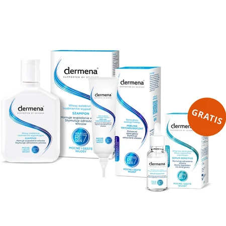 Dermena Hair Care Set, Shampoo gegen Haarausfall, 200 ml + Trichologie-Peeling, 125 ml + Serum zur Stimulierung des Haarwachstums, 50 ml gratis