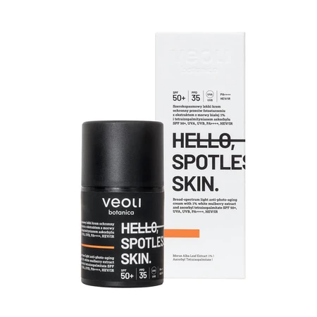 Veoli Botanica Hello, Spotless Skin, Breitspektrum-Lichtschutzcreme gegen Lichtalterung, für Haut mit Hyperpigmentierung, SPF 50+, 50 ml
