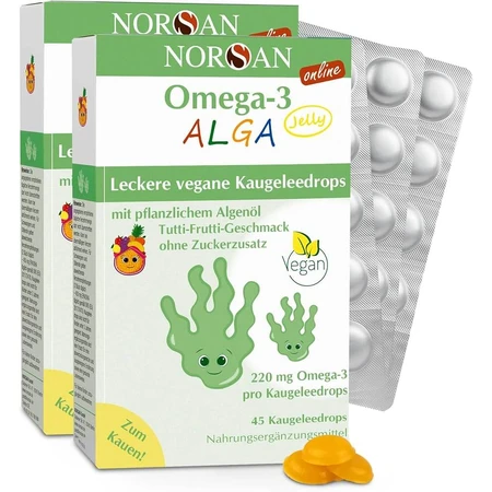 Norsan Omega-3 Algengelei met plantaardige algenolie in tutti frutti-smaak, 45 stuks