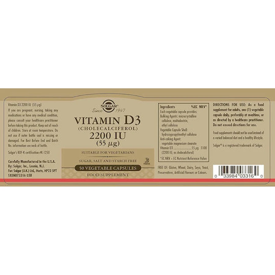 Solgar Vitamin D3 (Cholecalciferol) Vitamin for Immune Support & Bird Health 2200iu 50 veget 50 capsules