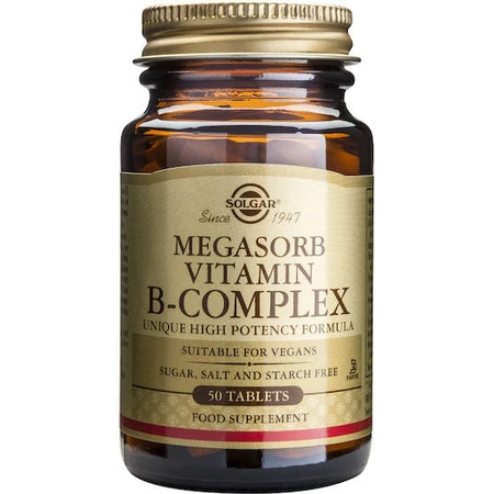 Solgar Megasorb Vitamin B-Complex Vitamina pentru Energie, Întărirea Sistemului Imunitar & Sistemul Nervos 50 Tablete