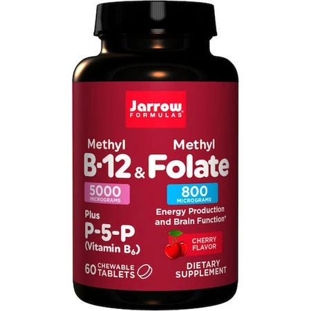Jarrow Formulas Metil B-12 5000mcg + Metil Folato 800mcg Vitamina para la Salud Nerviosa 60 comprimidos masticables