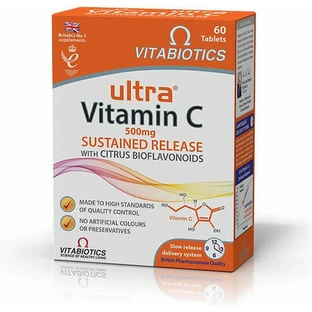 Vitabiotics Ultra Vitamina C de liberación prolongada con bioflavonoides cítricos Vitamina para el fortalecimiento del sistema inmunitario, la piel y la acción antioxidante 500 mg 60 cáps.