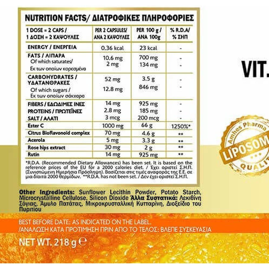 John Noa Liposomales Vitamin C als Ester-C-Vitamin zur Stärkung des Immunsystems, der Haut und der antioxidativen Wirkung 1000mg 60 Gemüsekapseln
