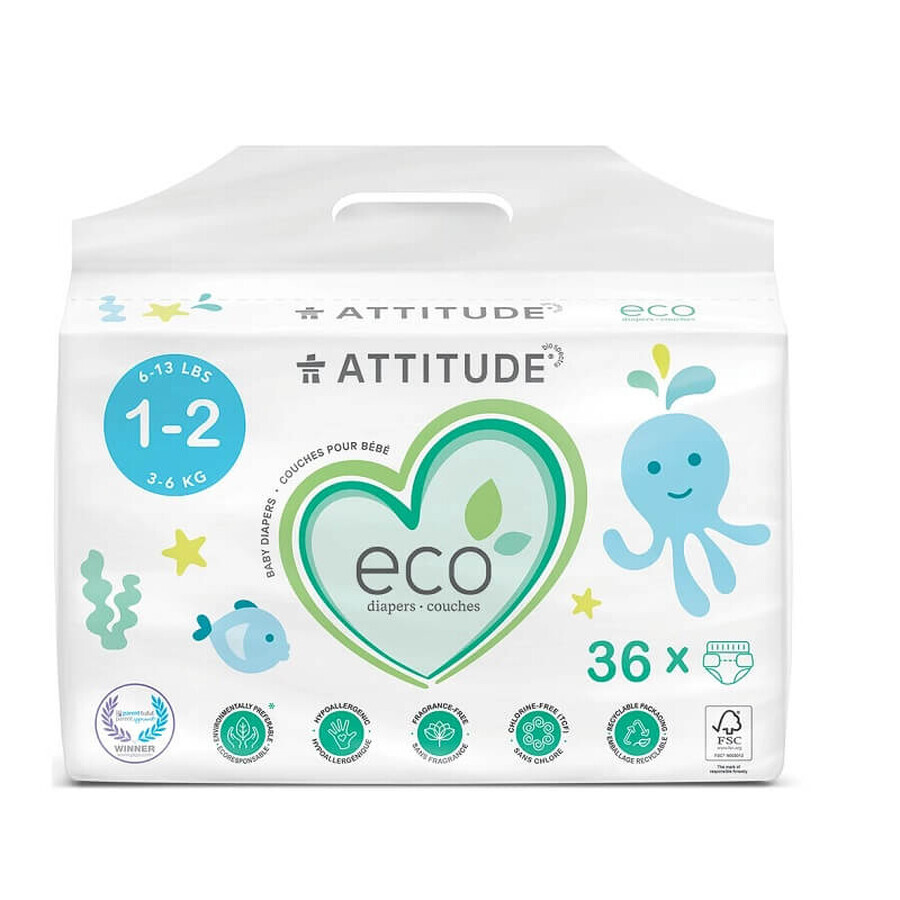 Scutece ecologice de unică folosință, mărimea 2-3, 3-6 kg, 36 buc, Attitude