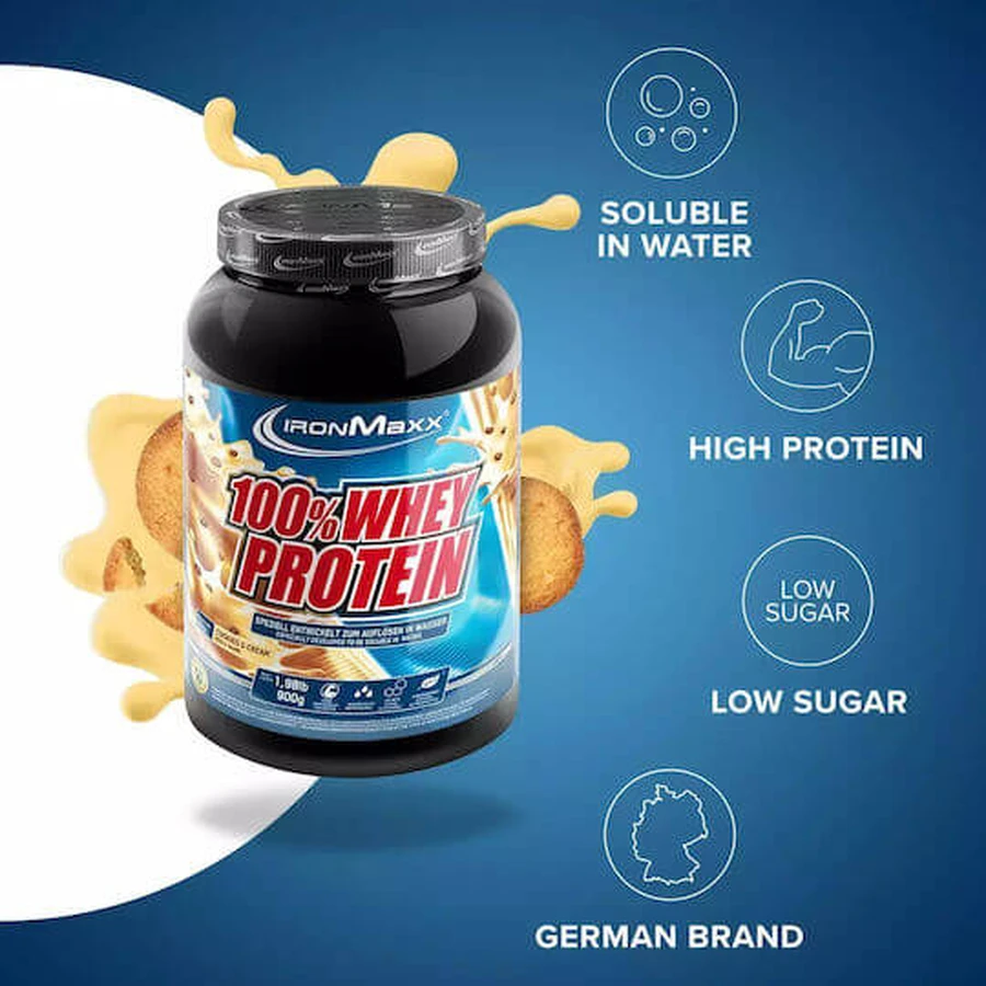 IronMaxx 100% Whey Protein Proteină Din Zer cu Aromă Fursecuri și cremă 900gr