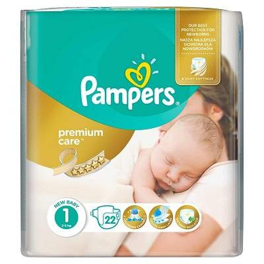 Scutece, Nr.1, Premium Care New Born, 2-5 kg, 22 bucăți, Pampers