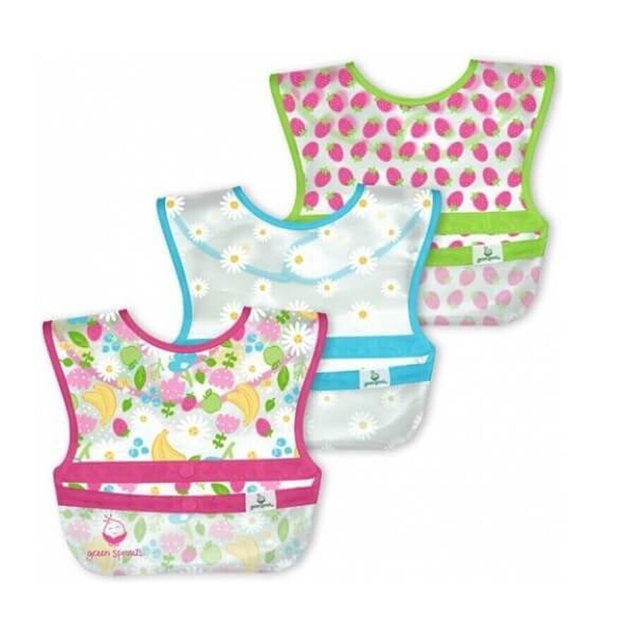 Set 3 bavete impermeabile cu buzunar reversibil, Pink Fruit, Green Sprouts